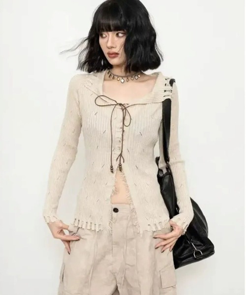 ニット セーター レースアップ グランジニットトップス 長袖 / 韓国 Y2K 肌見せ 春ニット Vネック レディース | lulufa | 09