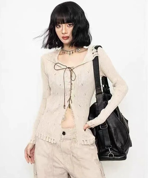 ニット セーター レースアップ グランジニットトップス 長袖 / 韓国 Y2K 肌見せ 春ニット Vネック レディース | lulufa | 10