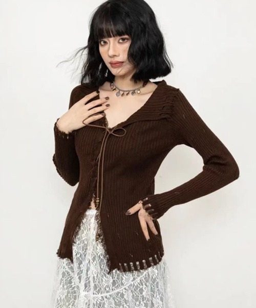 ニット セーター レースアップ グランジニットトップス 長袖 / 韓国 Y2K 肌見せ 春ニット Vネック レディース | lulufa | 17