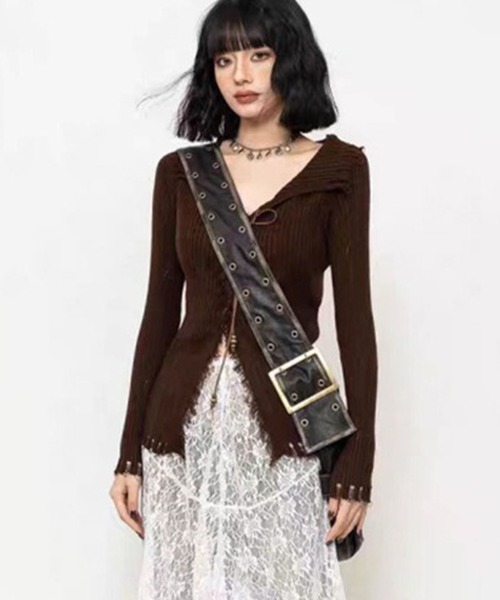 ニット セーター レースアップ グランジニットトップス 長袖 / 韓国 Y2K 肌見せ 春ニット Vネック レディース | lulufa | 18