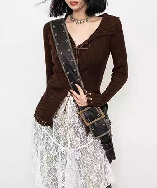 ニット セーター レースアップ グランジニットトップス 長袖 / 韓国 Y2K 肌見せ 春ニット Vネック レディース | lulufa | 19