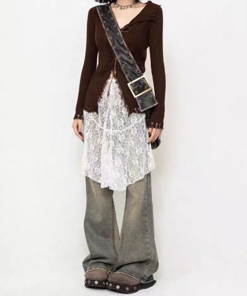 ニット セーター レースアップ グランジニットトップス 長袖 / 韓国 Y2K 肌見せ 春ニット Vネック レディース | lulufa | 20