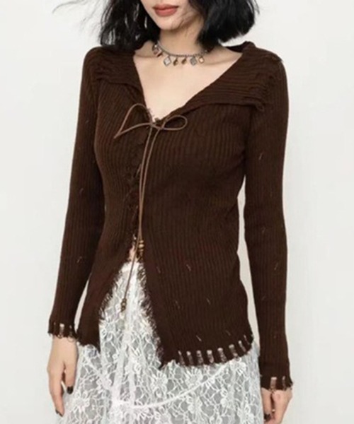 ニット セーター レースアップ グランジニットトップス 長袖 / 韓国 Y2K 肌見せ 春ニット Vネック レディース | lulufa | 15