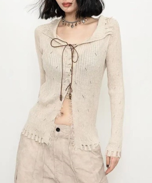 ニット セーター レースアップ グランジニットトップス 長袖 / 韓国 Y2K 肌見せ 春ニット Vネック レディース | lulufa | 06