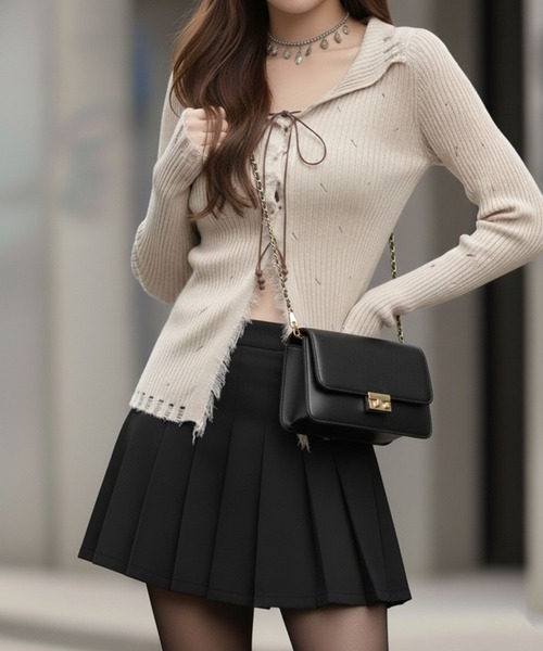 ニット セーター レースアップ グランジニットトップス 長袖 / 韓国 Y2K 肌見せ 春ニット Vネック レディース | lulufa | 13