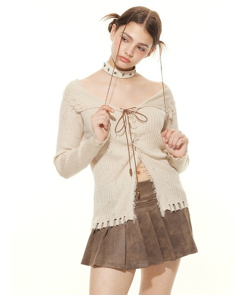 ニット セーター レースアップ グランジニットトップス 長袖 / 韓国 Y2K 肌見せ 春ニット Vネック レディース | lulufa | 03