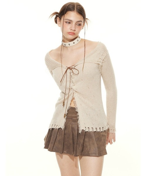 ニット セーター レースアップ グランジニットトップス 長袖 / 韓国 Y2K 肌見せ 春ニット Vネック レディース | lulufa | 04