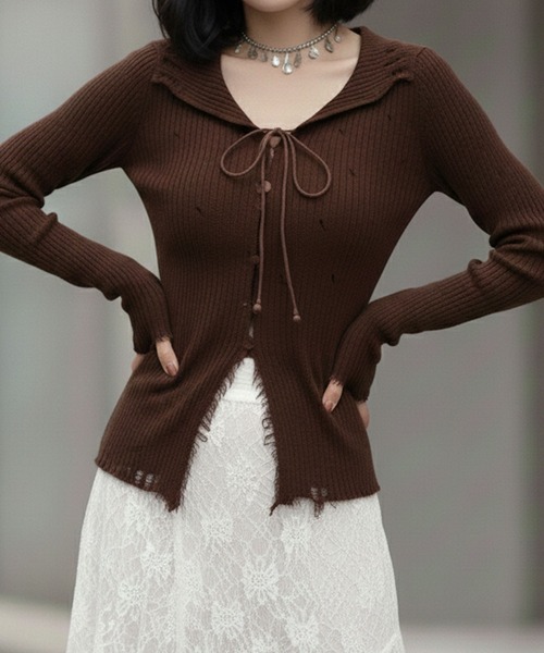 ニット セーター レースアップ グランジニットトップス 長袖 / 韓国 Y2K 肌見せ 春ニット Vネック レディース | lulufa | 16