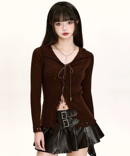 ニット セーター レースアップ グランジニットトップス 長袖 / 韓国 Y2K 肌見せ 春ニット Vネック レディース | lulufa | 14