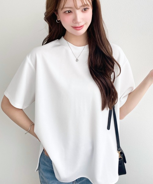 美品✨edit & co. サテンジョーゼットTブラウス イレヘム 半袖ブラック moment+ tシャツ 半袖 しわになりにくいストレッチジョーゼット半袖T