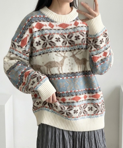 柄ニット　総柄　刺繍　デザインニット　レトロ　キャラクター　オシャレニット nonomi ニット セーター 「レトロ可愛い」北欧風ノルディック柄