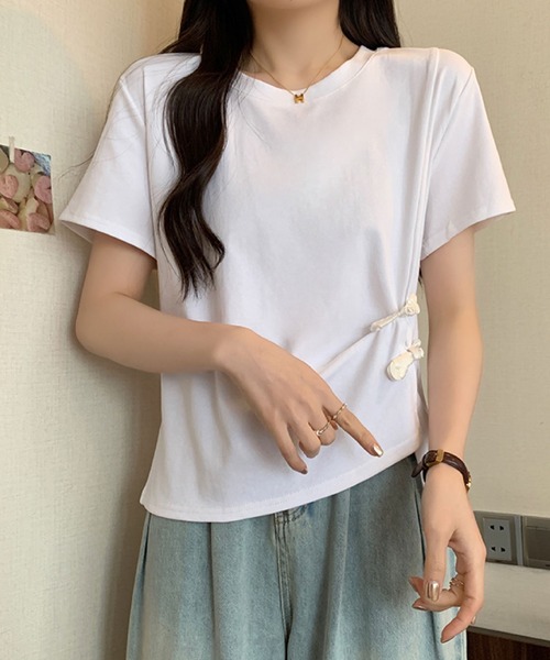 2ly2 tシャツ サイドリボンカットソー / アシンメトリーデザイン 半袖