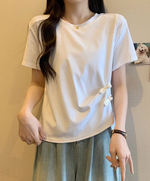2ly2 tシャツ 半袖 サイドリボンカットソー / アシンメトリーデザイン