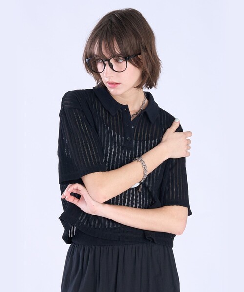 To b. by agnes tシャツ ラッフルメッシュ ストライプ ポロシャツ