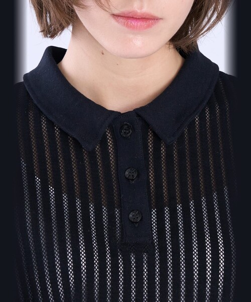 To b. by agnes tシャツ ラッフルメッシュ ストライプ ポロシャツ