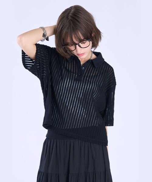 To b. by agnes tシャツ ラッフルメッシュ ストライプ ポロシャツ