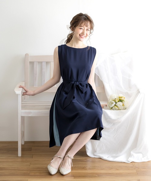 ドレス Zozotown限定 サイド配色デザイン ウエストリボン付きフレアーワンピースドレス 裏地付き Zozotown Paypayモール店 通販 Paypayモール