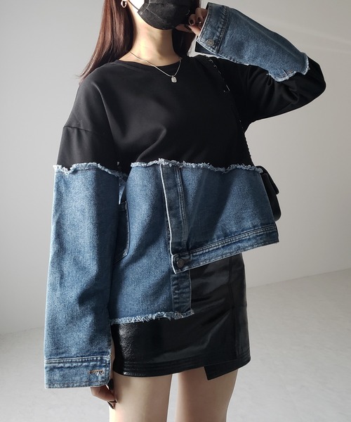 【Q☆】美品 キュー デニム×スウェット ドッキング 異素材 プルオーバー me+em select トレーナー スウェット 「 2color 」デニム