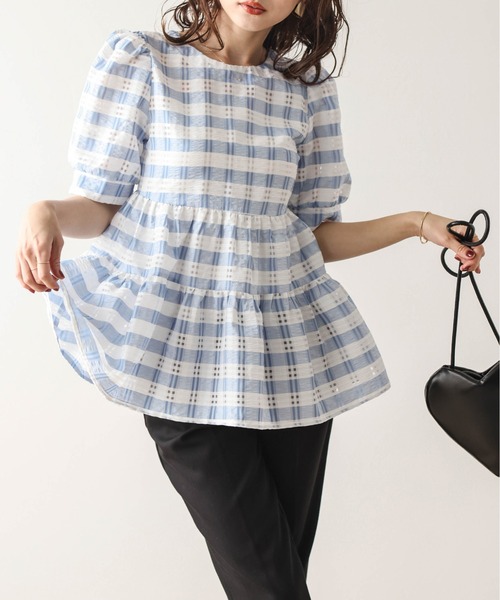 SUGAR BISKET ブラウス シャツ チェック柄ペプラムブラウス レディース  
