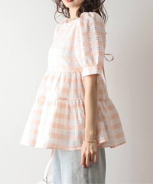 SUGAR BISKET ブラウス シャツ チェック柄ペプラムブラウス レディース