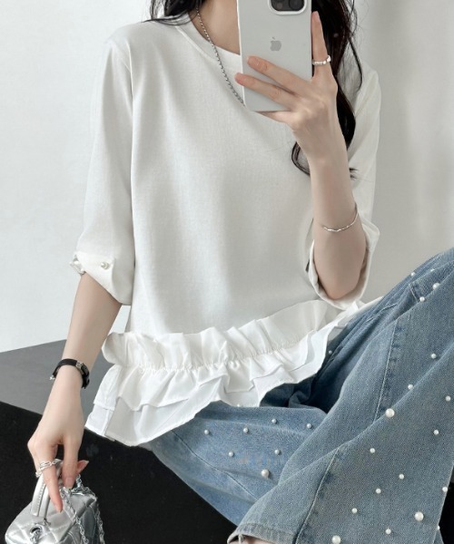 コムコム　裾フリルカットソー COCOMOMO tシャツ ギャザーフリルトップス パールビジュー付き