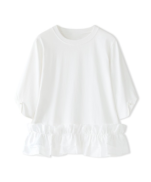 COCOMOMO tシャツ ギャザーフリルトップス パールビジュー付き 裾