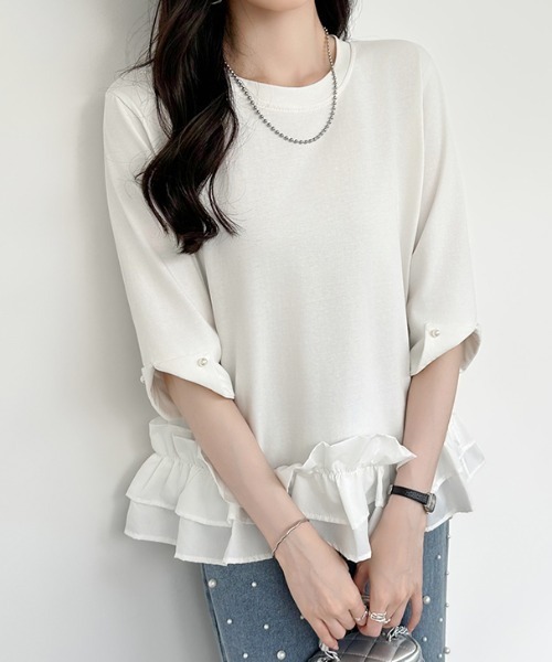 COCOMOMO tシャツ ギャザーフリルトップス パールビジュー付き