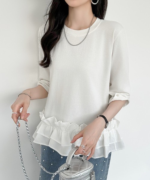 COCOMOMO tシャツ ギャザーフリルトップス パールビジュー付き