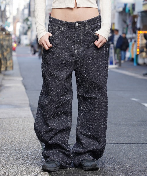 ワイドパンツ ジーンズ 「D-LAND」ネップデニム バレルカーブパンツ