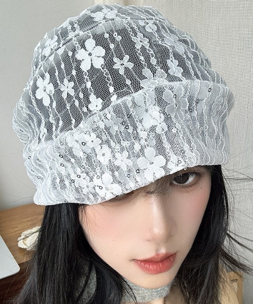 ニットキャップ・ビーニー OVLA flower patterned bonnet ニット帽 ニットキャップ Sequin Flower Lace Beanie レディース