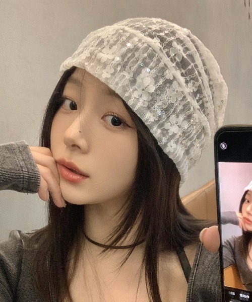 ニット帽 ニットキャップ Sequin Flower Lace Beanie レディース