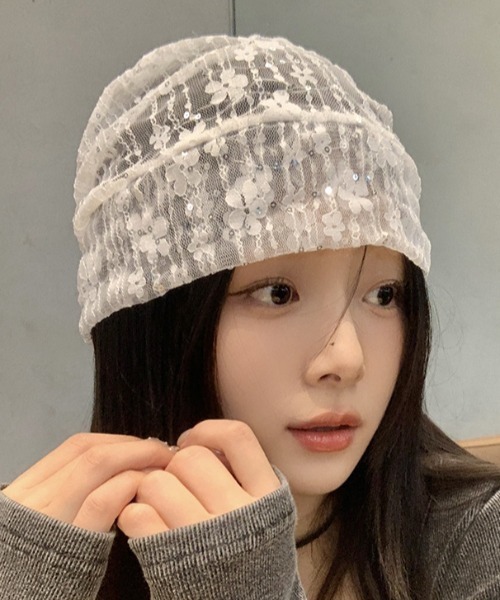 ニット帽 ニットキャップ Sequin Flower Lace Beanie レディース