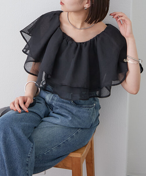 mystic（ミスティック） ブラウス シャツ シアーフリルオフショル