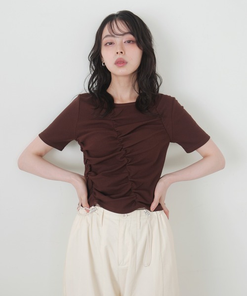 シャーリングTシャツ LIAN tシャツ シャーリングギャザーTシャツ レディース
