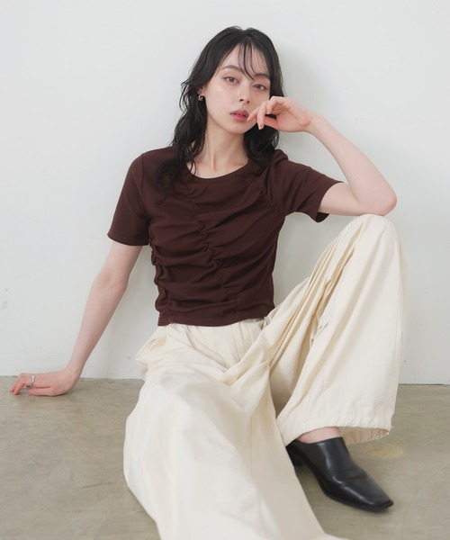 LIAN tシャツ シャーリングギャザーTシャツ レディース