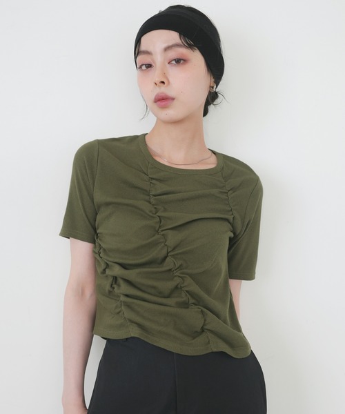 tシャツ ムラ染めシャーリングTシャツ レディース レディース Tシャツ ムラ染めピンク 丸首 ラインストーン付