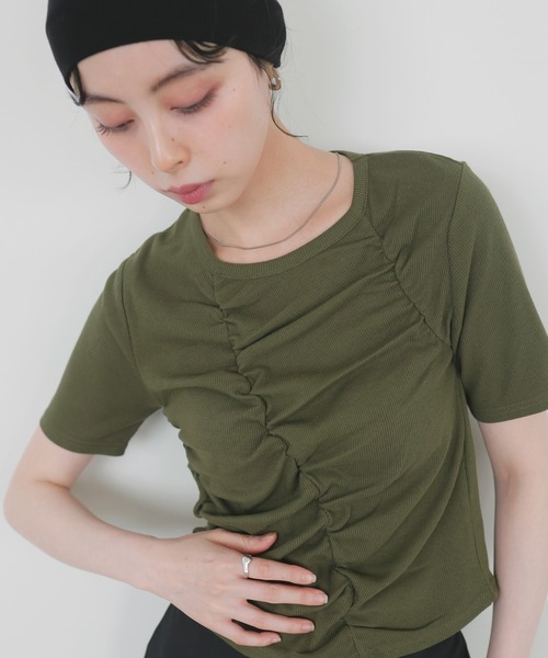 tシャツ シャーリング キリカエ Tシャツ レディース LIAN tシャツ シャーリングギャザーTシャツ レディース