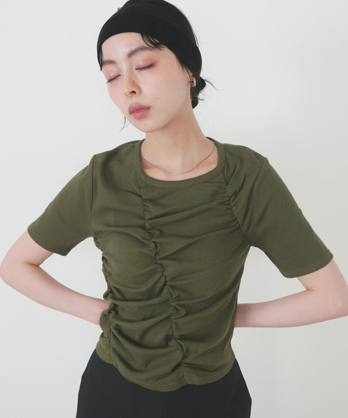 tシャツ ギャザー S/S Tシャツ レディース LIAN tシャツ シャーリングギャザーTシャツ レディース