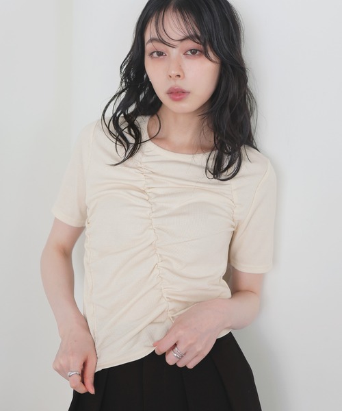 LIAN tシャツ シャーリングギャザーTシャツ レディース