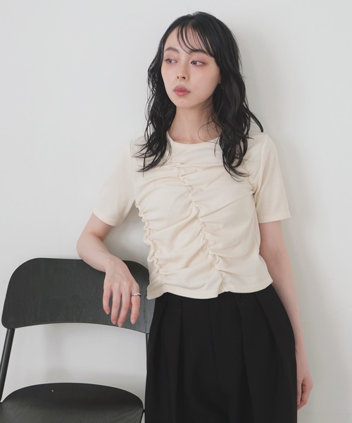 LIAN tシャツ シャーリングギャザーTシャツ レディース