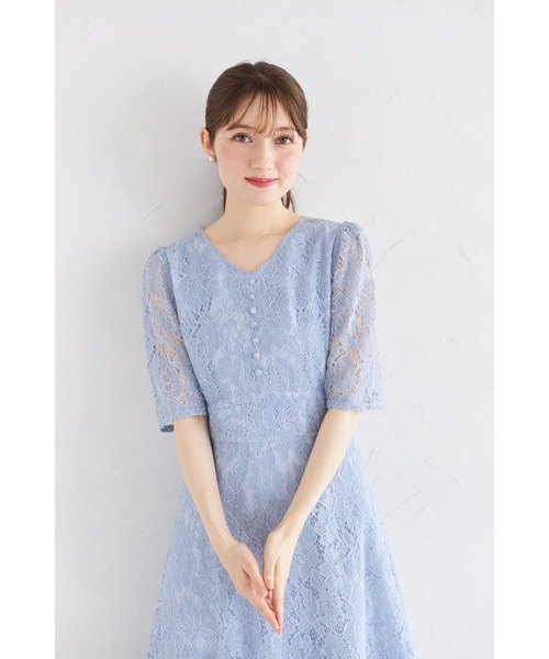 新品タグ付き　パフスリーブ　レース袖プリーツワンピース　ブルー　M tocco closet ワンピース くるみ飾り釦付きフラワーレース