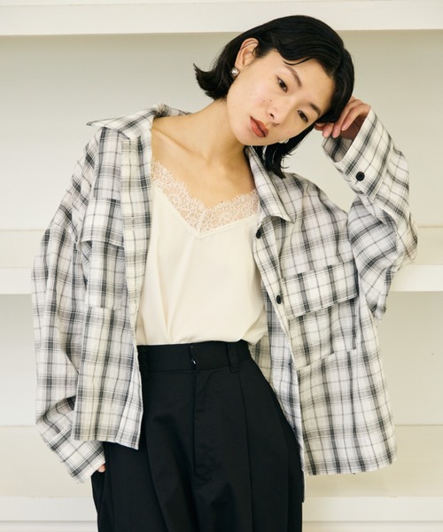 IENA チェックオーバーシャツ◆ホワイト　36 IENA（イエナ）の「チェックオーバーシャツ◇（シャツ/ブラウス）」 - WEAR