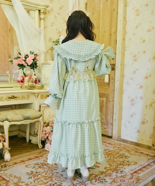 (g)グラム／日本製 フリル襟 リップルギンガムワンピース グリーン ロング丈 kutir（クティール） ワンピース 「クティールとレトロ」フリル襟