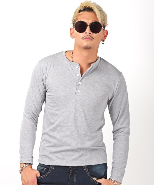 LUXSTYLE tシャツ スラブヘンリーネック長袖Tシャツ メンズ