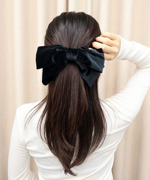 CEMO NEMO ヘアクリップ ベロア ブラック リボン バレッタ