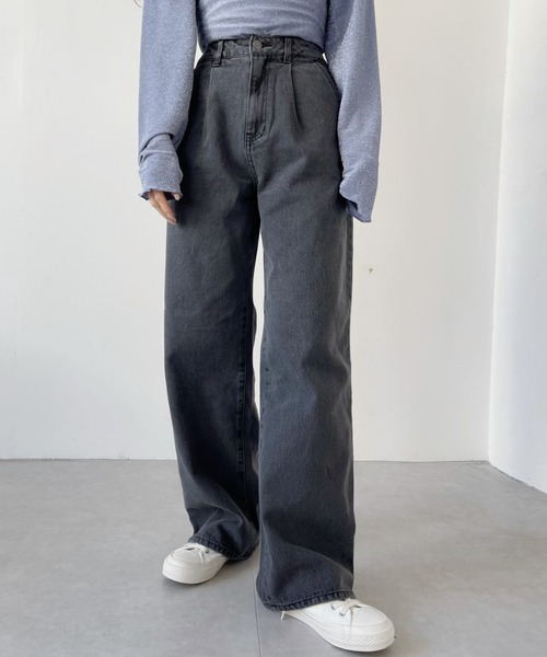 Louren ハイウエストヴィンテージライクストレートデニム ワイドパンツ Louren ハイウエストヴィンテージライクストレートデニム ワイド