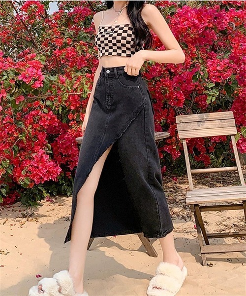 DOUBLE STANDARD CLOTHING スリットデニムスカート 現行品 FREE STYLISTS デニムスカート フリンジスリットデニムスカート