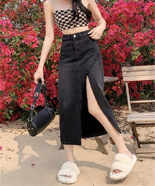 デニムスカート セミフレア フリンジ加工 レトロ シンプル FREE STYLISTS デニムスカート フリンジスリットデニムスカート