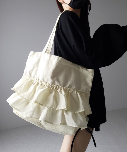 さえら◇アンリコ◇フリルたっぷり◇かごバッグ◇美品 エコバッグ おしゃれ フリル A4 コンビニ サイズ 折りたたみ