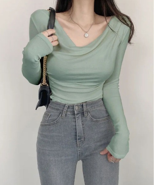 tシャツ ネック ドレープ ロング スリーブ カットソー レディース
